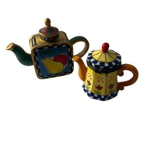 Two Whimsical Vintage Porcelain Teapot Trinket Boxes